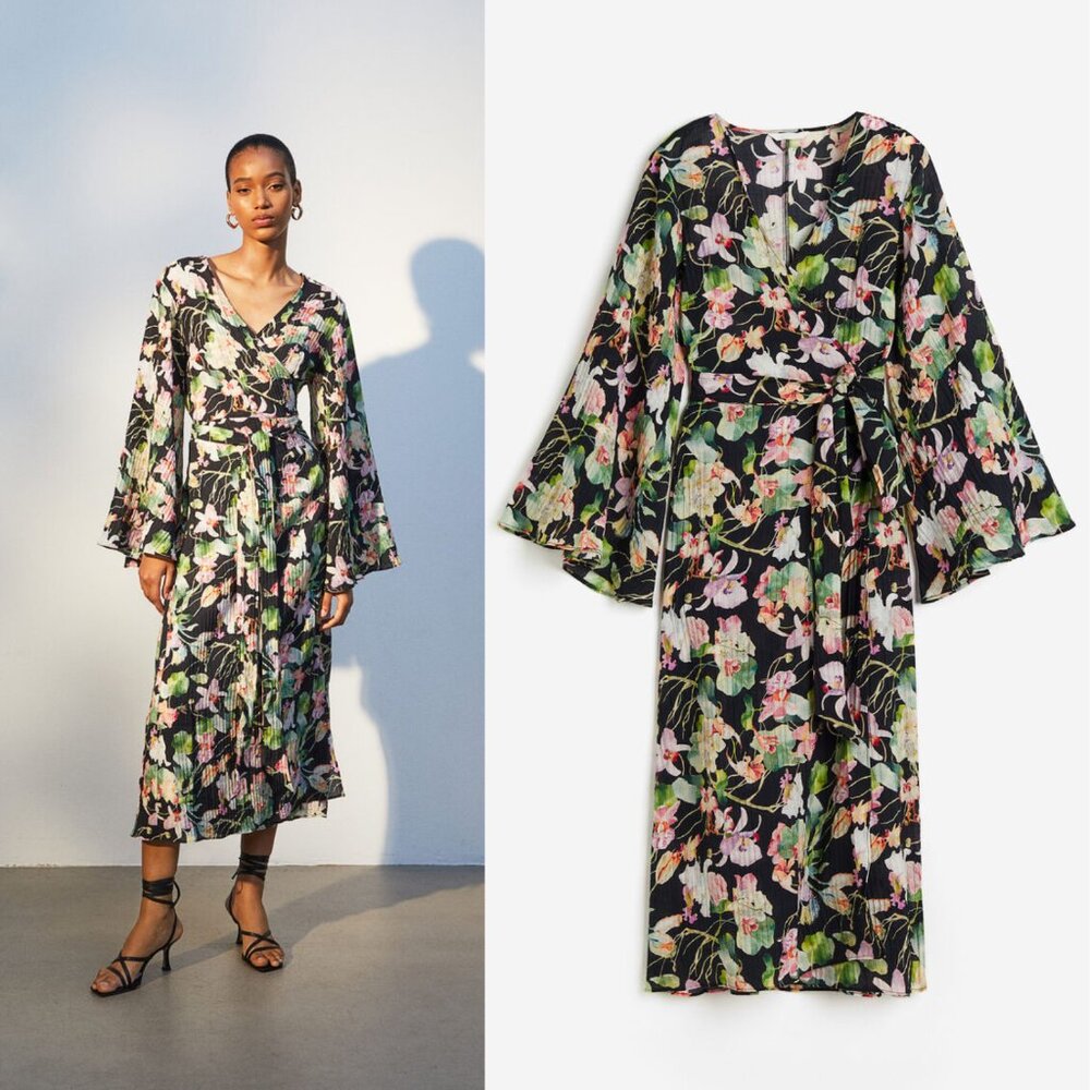 H&M pleated wrap dress floral tropical black green kimono coverup maxi medium